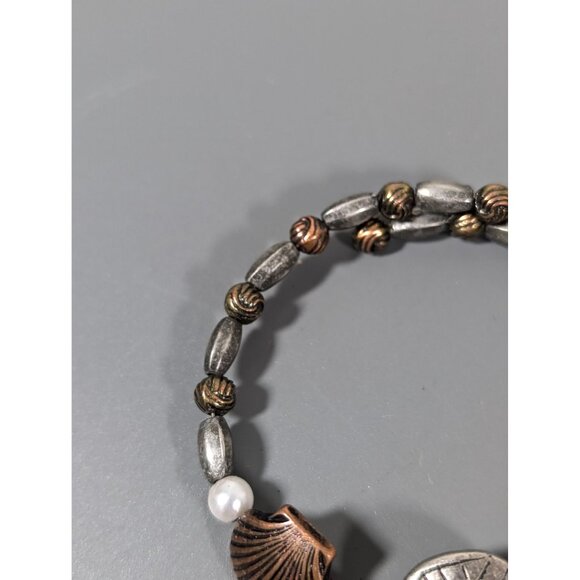 Mixed Metal Beachy Bracelet Sand Dollar Starfish Shell Flex Wire 7" Boho - Picture 4 of 8